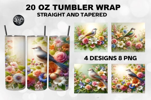 Bird with Floral Tumbler Wrap 20oz PNG