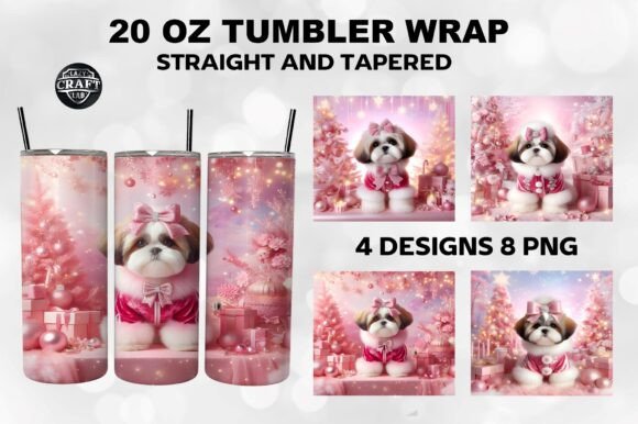 Pink Christmas Shih Tzu Tumbler Wrap PNG